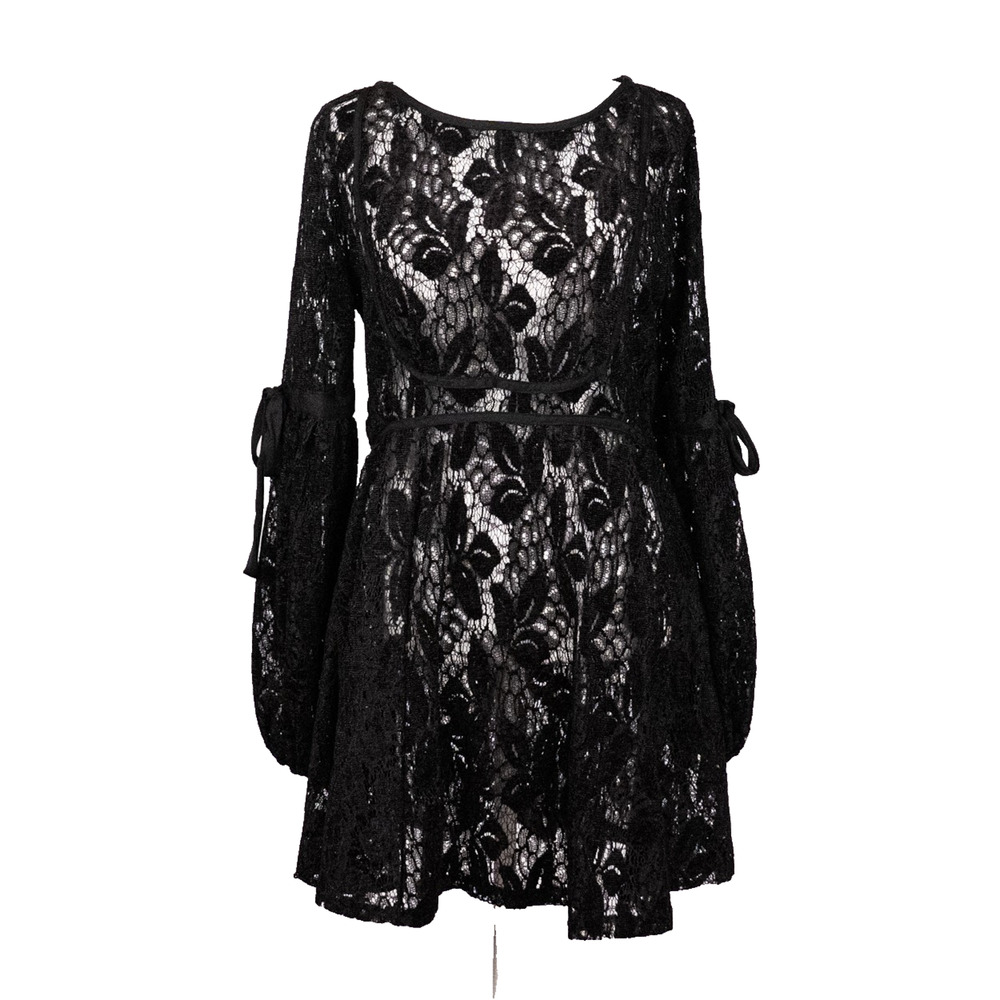 Free People Black Crochet Lace Ruby Mini Dress XS Sheer Witchy Whimsigoth Fairy